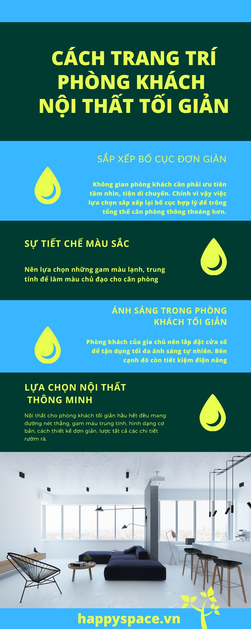 Cách trang trí phòng khách  nội thất tối giản